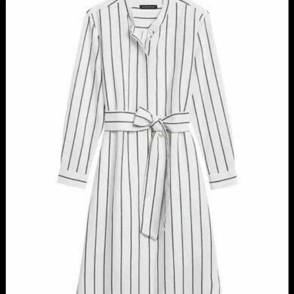 Banana Republic Linen Cotton White Striped Midi Shirt Dress